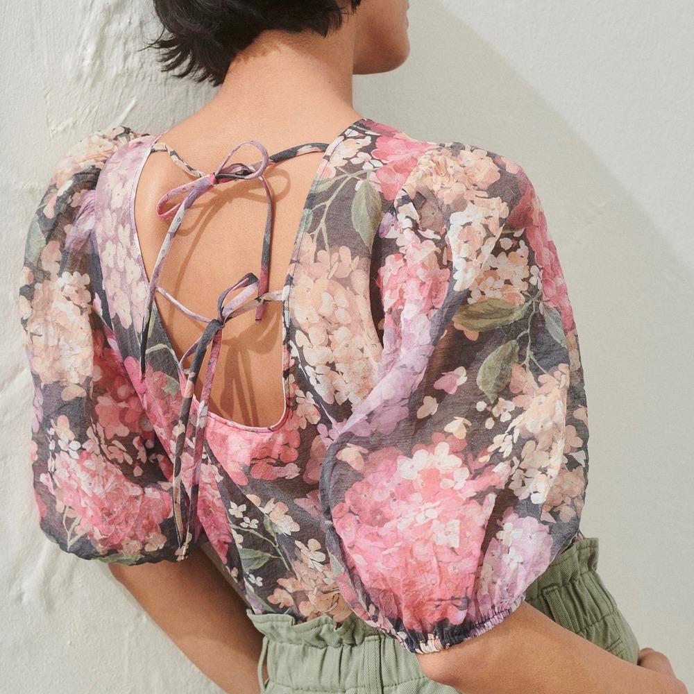 H&M Floral Open Back Puff Sleeve Blouse Pink‎ Purple Sheer XL
